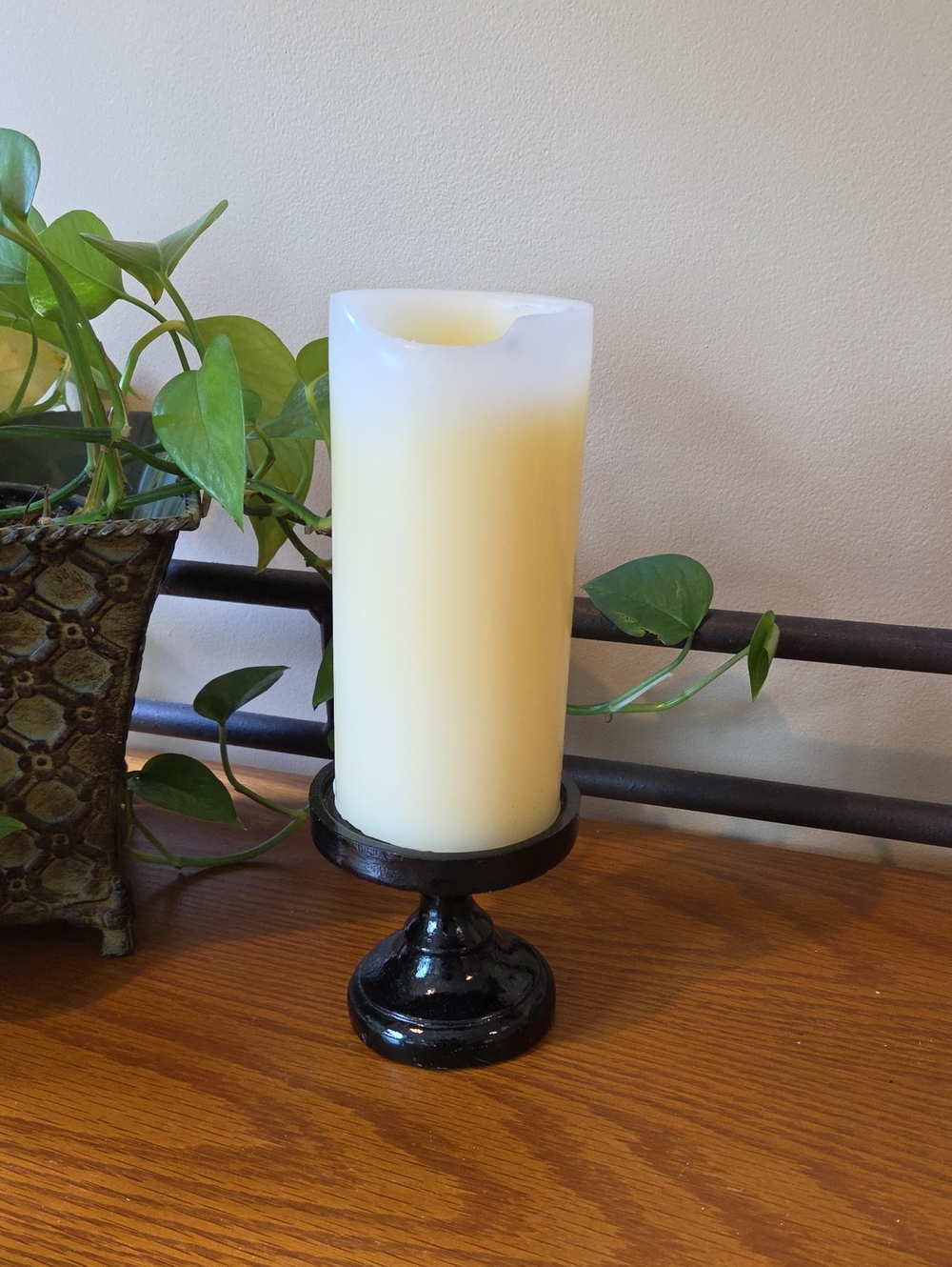 Vtg Colonial Candle Ivory Pillar Candle with Black Pedestal Holder